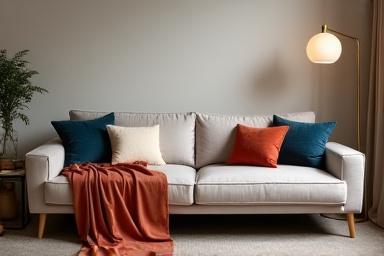 モダンなソファに美しいクッションとスローが配置されている。