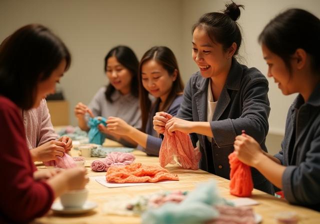 参加者たちが楽しそうに風呂敷の結び方を学んでいるワークショップの様子。